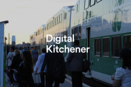 Digital Kitchener logo overtop of people getting off of commuter train