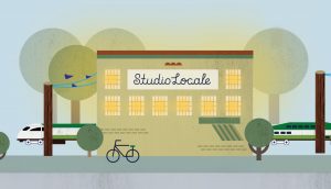 Illustration of the Studio Locale building with all the lights on in the windows