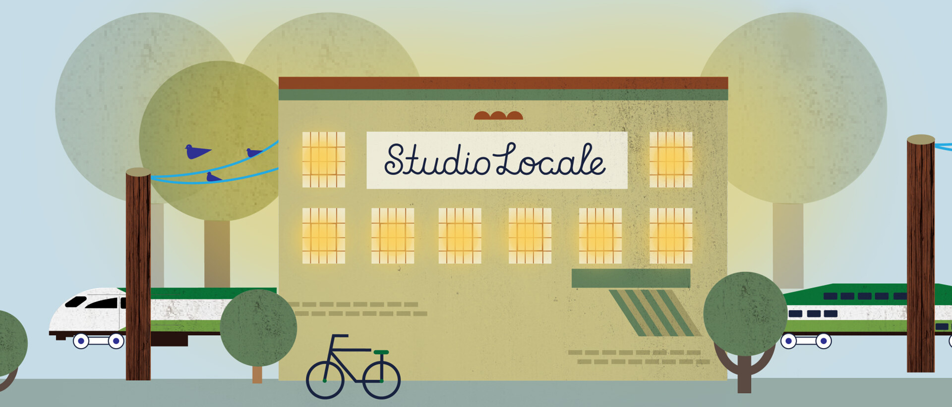 Illustration of the Studio Locale building with all the lights on in the windows