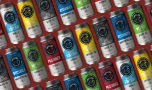 Rows of Innocente Brewing multi-coloured beer cans